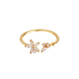 Damen Ring Blumenring aus mit Gelbgold beschichtetem Kupfer mit Zirkonsteinen