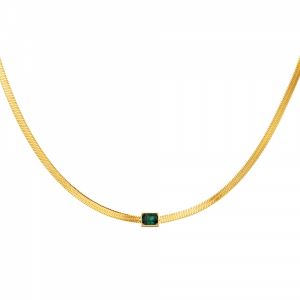 Damen Halskette quadratischer charm aus Gelbgold beschichtetem Edelstahl & grnem Stein