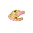Damen Ring Schlange aus Gelbgold beschichtetem Kupfer mit Emaille rosa und Zirkonsteinen